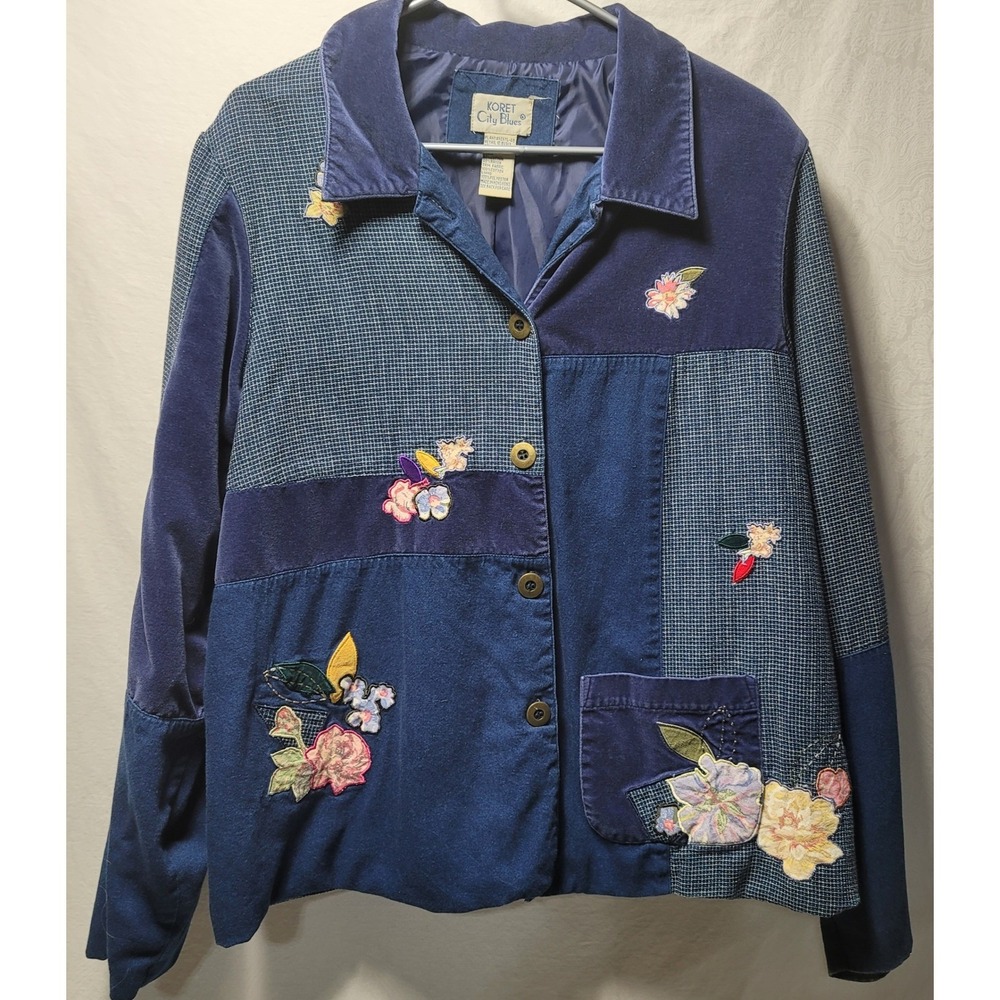 Koret City Blues Vtg Patchwork Floral Embroidered Denim Jacket Women's 20W Blue